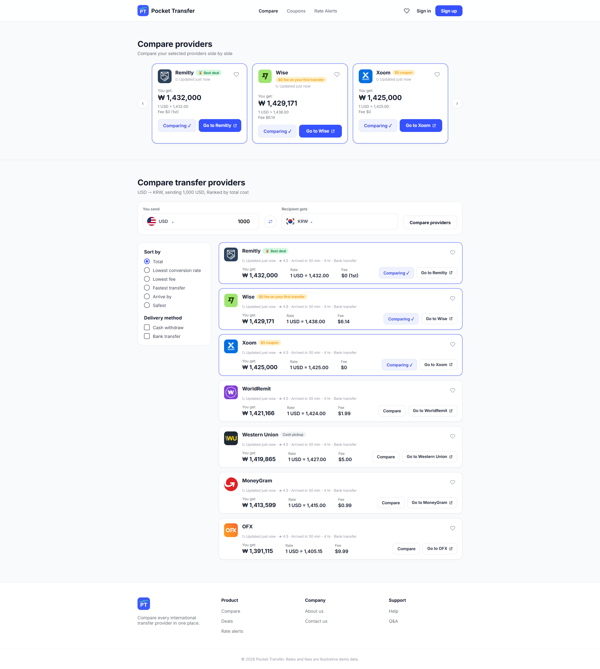 Pocket Transfer compare providers page — full page