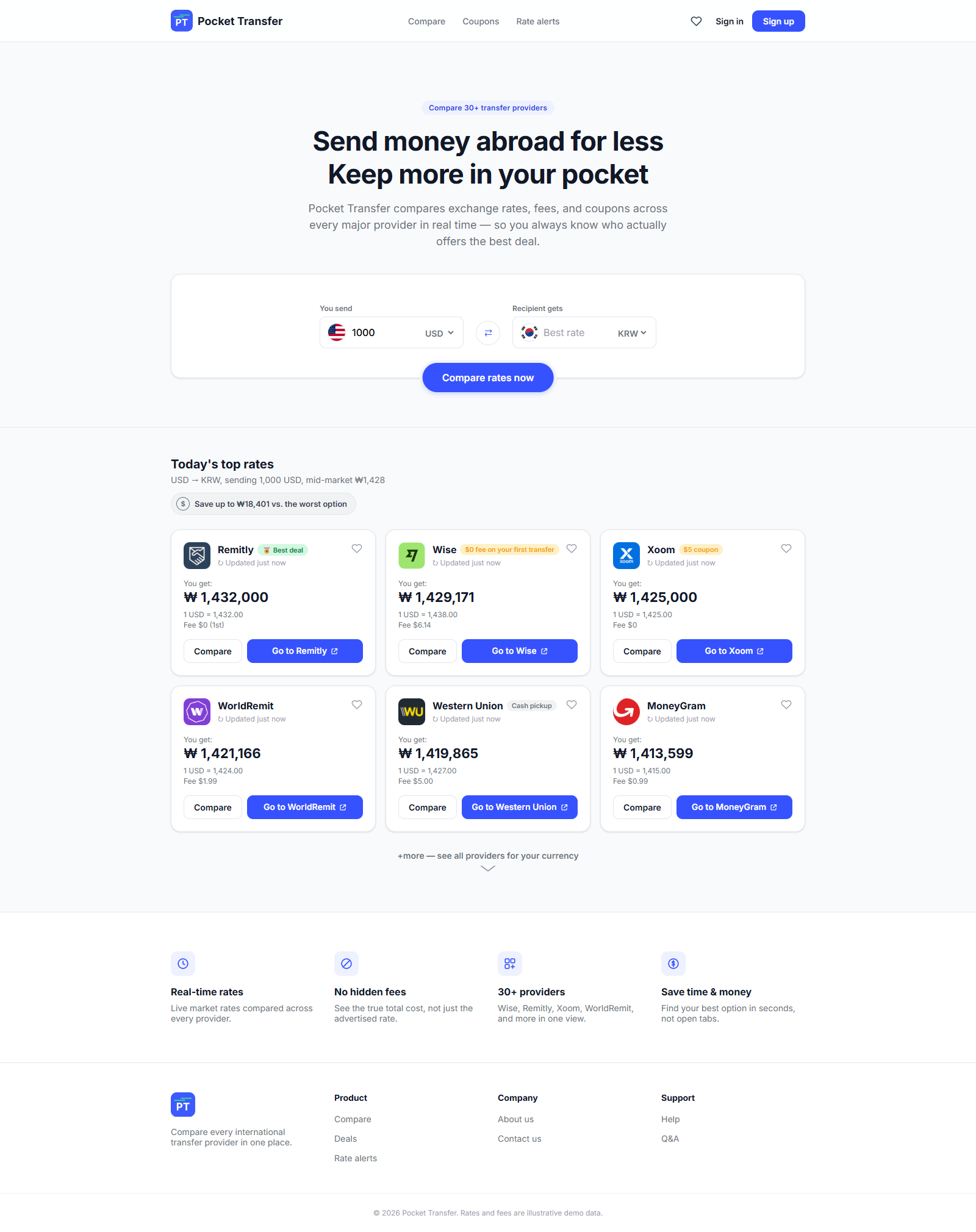 Pocket Transfer high-fidelity homepage — full page